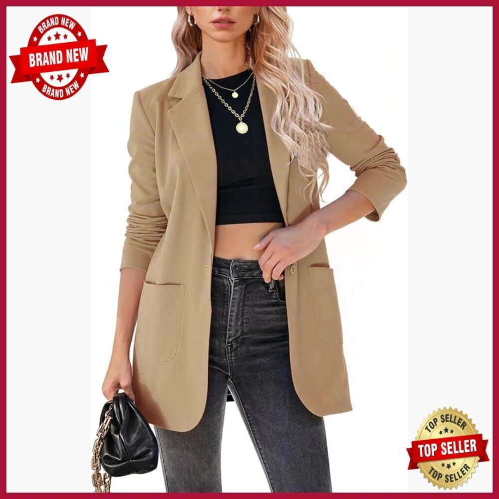 Long Boyfriend Blazer with Notched Lapel, Padded Shoulders, Side Pockets